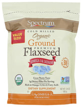 Spectrum linaza molida frente del empaque mostrando etiqueta y tamaño de 24 oz, conserva frescura