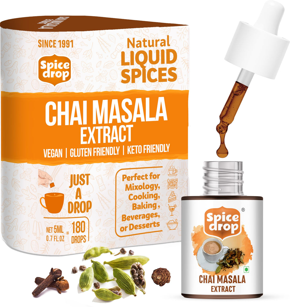 Spice Drop frasco frontal del extracto chai muestra diseño y tamaño práctico