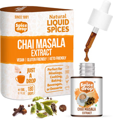 Spice Drop frasco frontal del extracto chai muestra diseño y tamaño práctico
