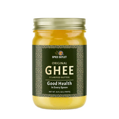 SPICE OUTLET frasco frontal mostrando ghee puro, práctico y protegido