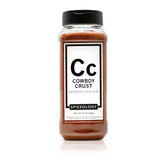 Spiceology frasco Cowboy Crust mostrando etiqueta y tamaño 16 oz, ideal para parrilla