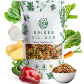 Spices Village frente del empaque mostrando mezcla de vegetales y beneficio de almacenamiento