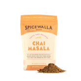 SPICEWALLA bolsa frontal de masala chai sin azúcar mostrando etiqueta y beneficios