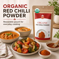 SPICY ORGANIC polvo de chile en uso mientras se cocina sopa, intensifica sabores