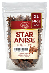 Spicy World frente del empaque mostrando bolsa resellable y 14 oz de anís estrellado