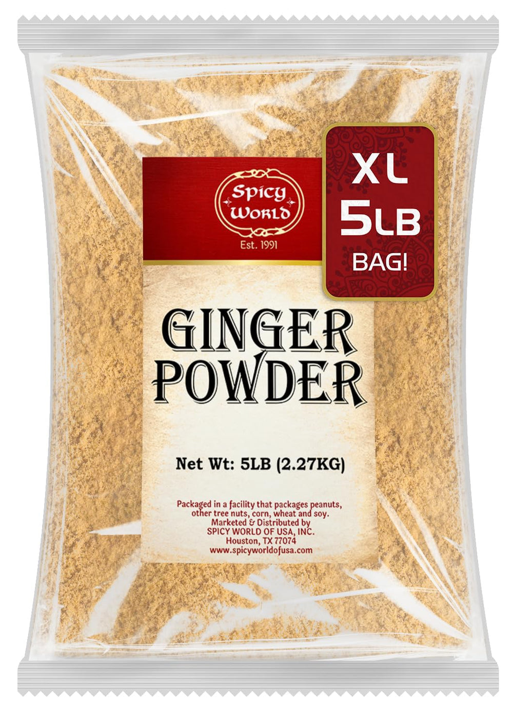 Spicy World bolsa frontal mostrando jengibre en polvo, ahorro por volumen