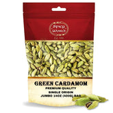 Spicy World mostrando frente del paquete con cardamomo verde grande y calidad visible