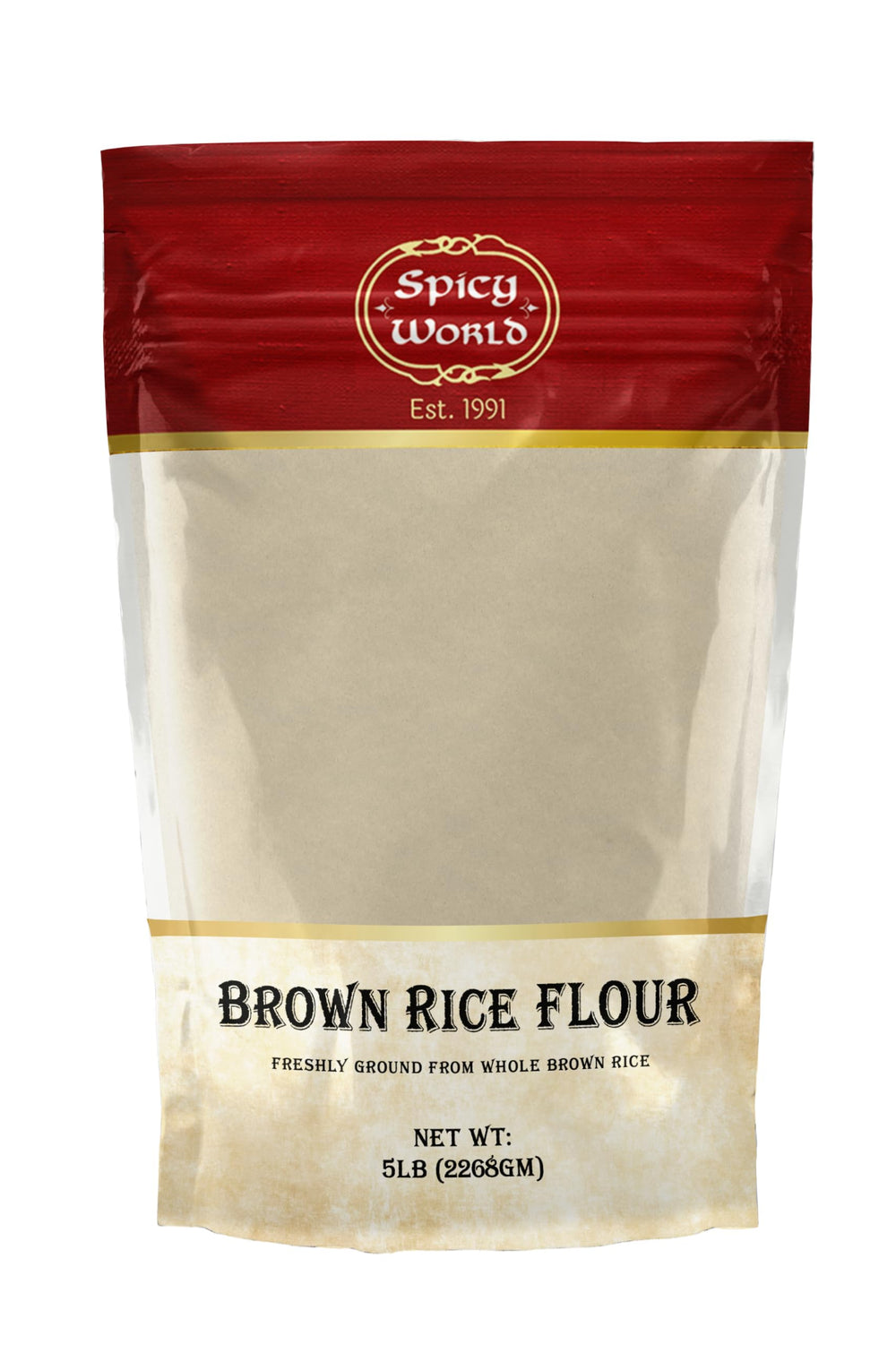 Spicy World bolsa frente mostrando 5 lb y cierre resellable, conserva frescura