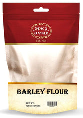 Spicy World frente del paquete de harina de cebada 4 lb, presentación clara y natural