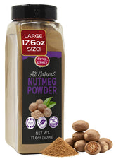 Spicy World frasco frente mostrando nuez moscada, conserva aroma