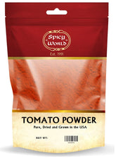 Spicy World empaque frontal mostrando bolsa de polvo de tomate, práctico y duradero