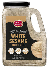 Spicy World tarro frontal 6 lb mostrando etiqueta y cantidad, conveniencia de almacenamiento