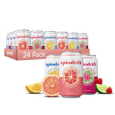 Spindrift empaque frontal con 24 latas mostrando variedad y conveniencia
