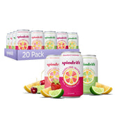 Spindrift pack frontal con 20 latas mostrando variedad de sabores y conveniencia