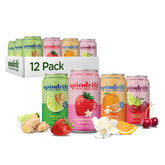 Spindrift caja frontal mostrando las cuatro variedades y beneficio de ingredientes reales