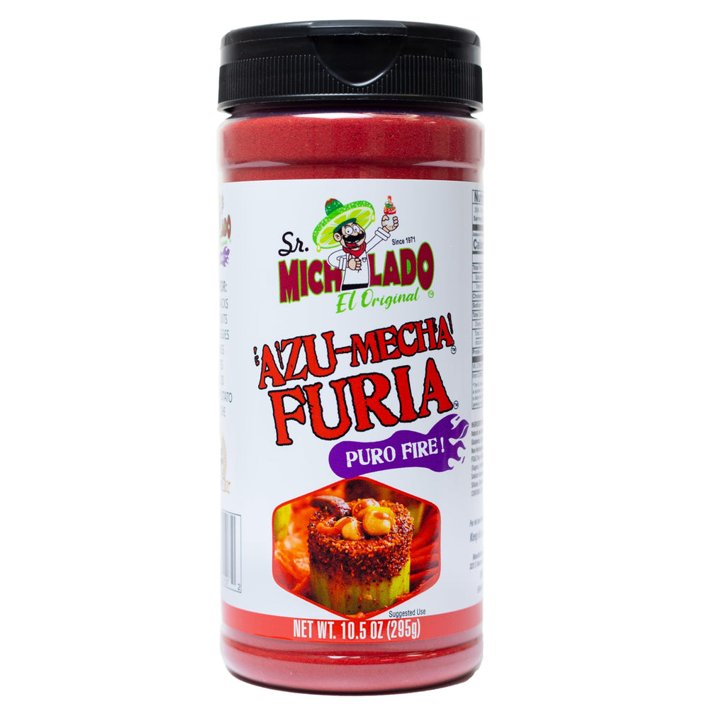 Sr. Michelado botella Azu-Mecha FURIA frontal mostrando etiqueta y dosificador, realza sabores