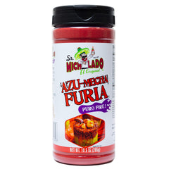 Sr. Michelado botella Azu-Mecha FURIA frontal mostrando etiqueta y dosificador, realza sabores