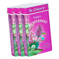 St. Claire's Organics lata frontal mostrando etiqueta coleccionable y facilidad para llevar