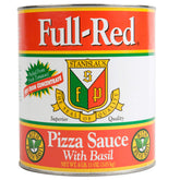 Stanislaus Full Red Pizza Sauce con albahaca, vista frontal del envase mostrando etiqueta y tamaño