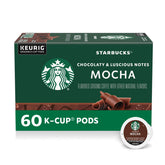 Starbucks Mocha frente del empaque mostrando 60 cápsulas, fácil almacenamiento