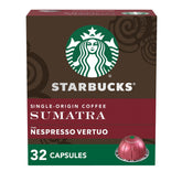 Starbucks cápsulas Vertuo Sumatra frontal mostrando paquete y cantidad, ideal para preparar tazas intensas