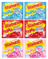 Starburst frente del paquete mostrando los tres sabores y cantidad