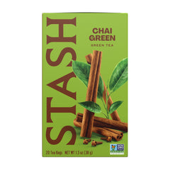 Stash chai green tea frontal mostrando seis cajas y diseño del empaque beneficios visuales