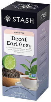 Stash Decaf Earl Grey vista frontal mostrando las seis cajas y el diseño