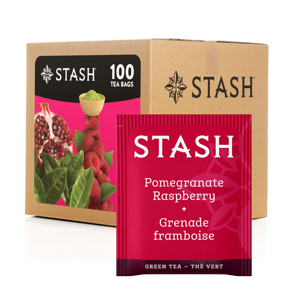 Stash frente de la caja de 100 bolsas mostrando la mezcla frutal y beneficio de conveniencia