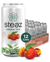 Steaz lata frontal sabor durazno mostrando la etiqueta y beneficio orgánico