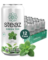Steaz lata frontal menta mostrando diseño y beneficio refrescante