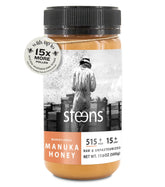 Steens manuka miel frasco frontal mostrando etiqueta clara y beneficio de pureza
