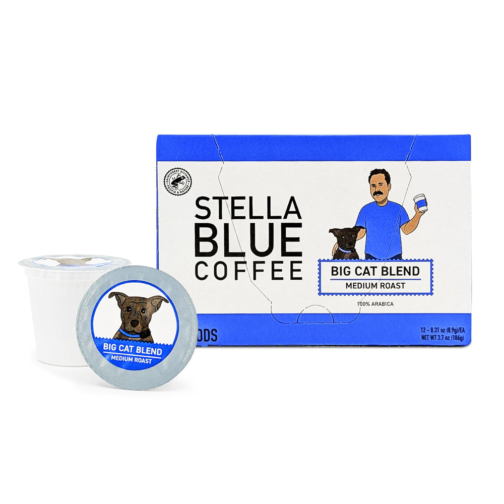 Stella Blue caja frontal Big Cat Blend mostrando diseño y beneficio práctico