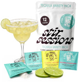 Stir Sessions paquete frontal mostrando los 12 sobres, práctico y portátil