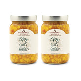 Stonewall Kitchen frasco delantero mostrando relish picante y beneficios de sabor
