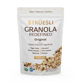 Struesli empaque frontal mostrando el producto y beneficios orgánicos