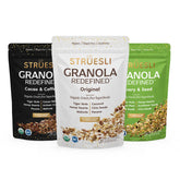 Struesli paquete frontal mostrando los tres sabores y beneficios orgánicos