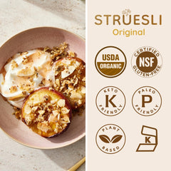 Struesli ingredientes en mesa: chufa, nueces, chia, coco, transparencia del producto