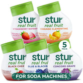 Stur pack frente con cinco botellas mostrando variedad de sabores y conveniencia