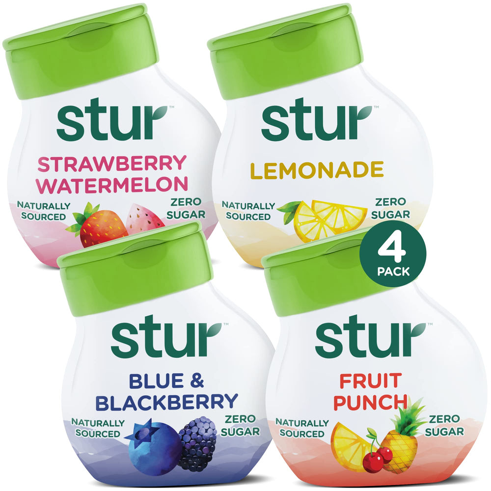 Stur pack frontal con cuatro botellas mostrando variedad y conveniencia