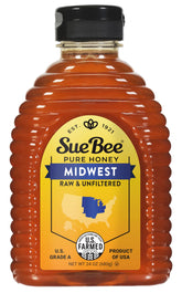 Sue Bee frasco frontal que muestra miel regional y marca confiable