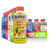 SueroX frente del empaque mostrando las seis botellas y variedad de sabores