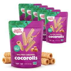 Sun Tropics empaque frontal del pack de CocoRolls sabor caramelo salado mostrando diseño y tamaño