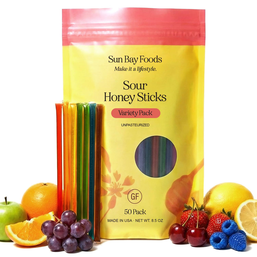 Sunbay Foods empaque frontal con 50 pajitas de miel, ideal para regalar