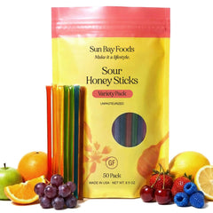 Sunbay Foods empaque frontal con 50 pajitas de miel, ideal para regalar