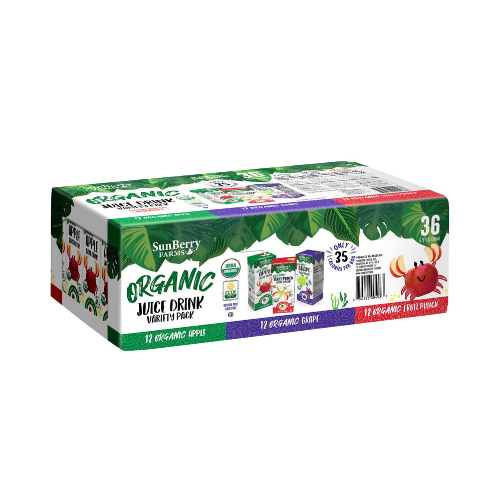 Sunberry Farms frontal del pack variado mostrando 36 cajas, conveniencia orgánica