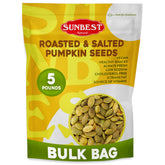 Sunbest Natural bolsa 5 lb de pepitas tostadas mostrando etiqueta y beneficios