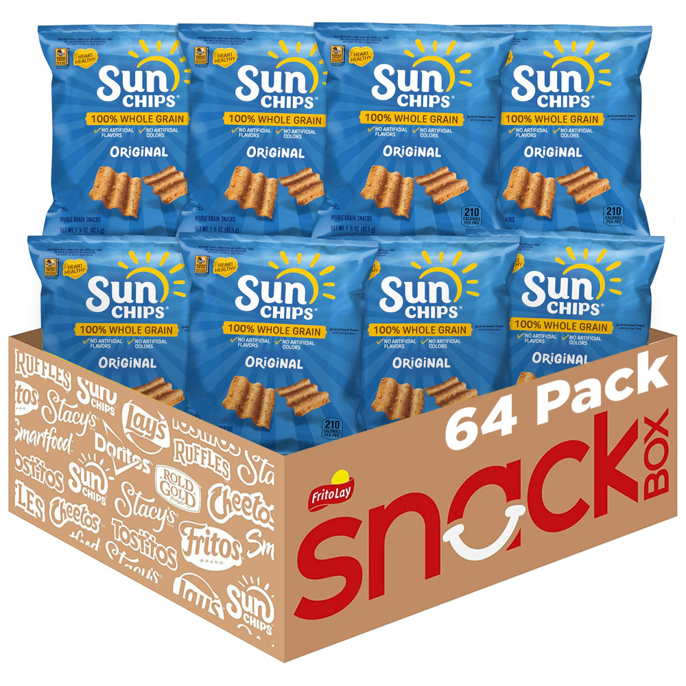 SunChips frontal del paquete mostrando diseño y marca, ventaja conveniencia