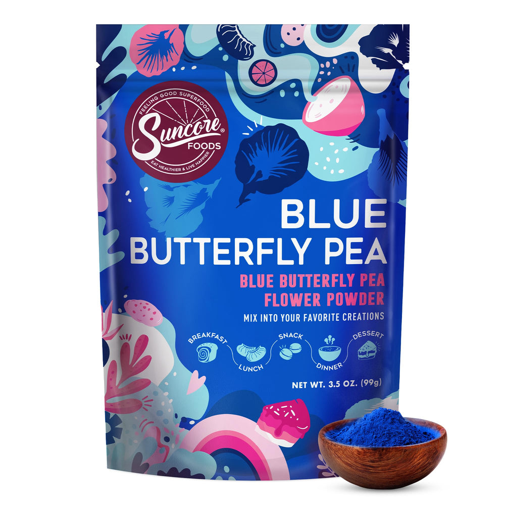 Suncore Foods empaque frontal mostrando el polvo azul y beneficios naturales