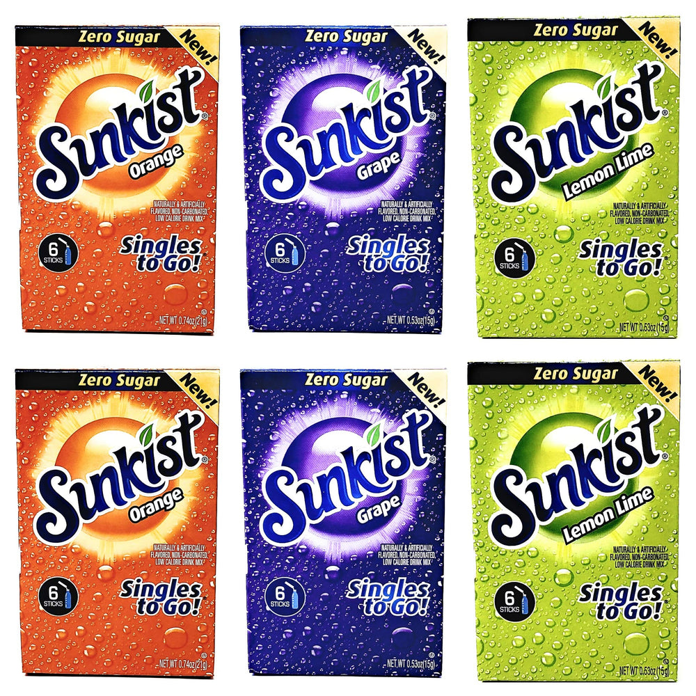 Sunkist pack frontal mostrando 6 cajas y 36 sobres, práctico para llevar